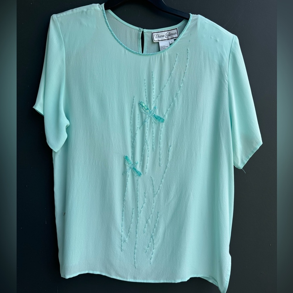 Vintage Diane Gilman 100% silk beaded Seafoam Blouse